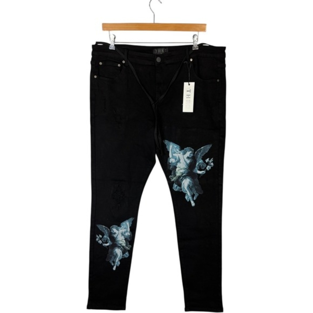 NWT THRT Mens Black‎ Angel Cherub Print Distressed Jeans Sz 44x30 Streetwear